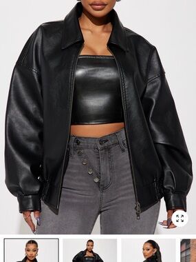 Fashion Nova Black Faux Leather Bomber Jacket